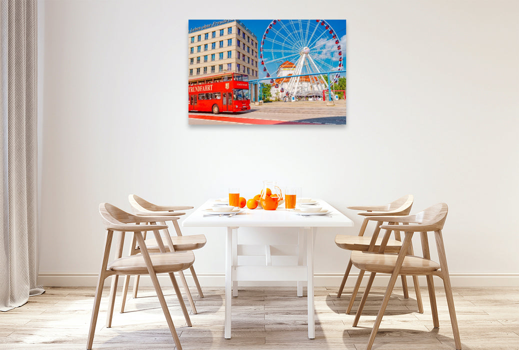 Premium Textil-Leinwand Dresden, Stadtrundfahrt Bus und Riesenrad in der Innenstadt
