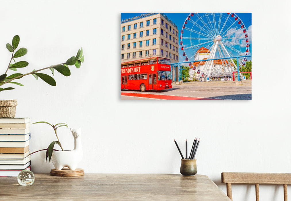 Premium Textil-Leinwand Dresden, Stadtrundfahrt Bus und Riesenrad in der Innenstadt