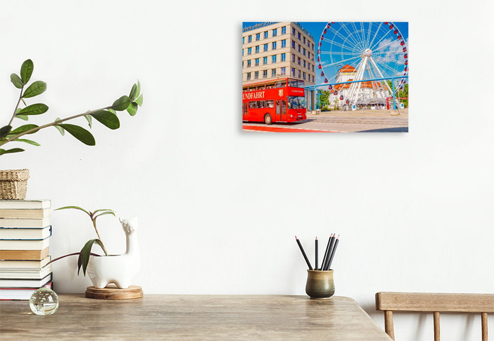 Premium Textil-Leinwand Dresden, Stadtrundfahrt Bus und Riesenrad in der Innenstadt