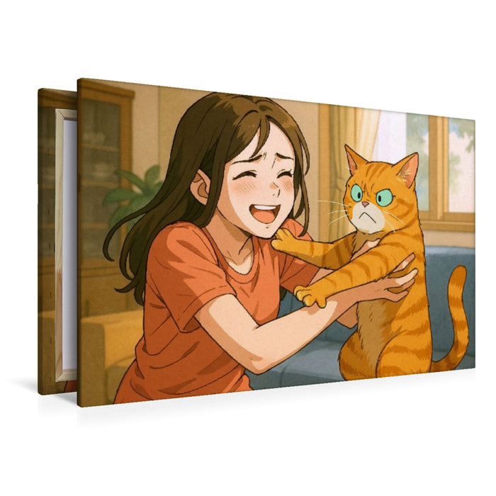 Premium Textil-Leinwand Frau umarmt Katze, die das nicht will