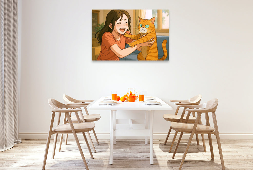 Premium Textil-Leinwand Frau umarmt Katze, die das nicht will