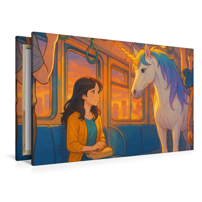 Premium Textil-Leinwand Frau begegnet im Zug einem Einhorn