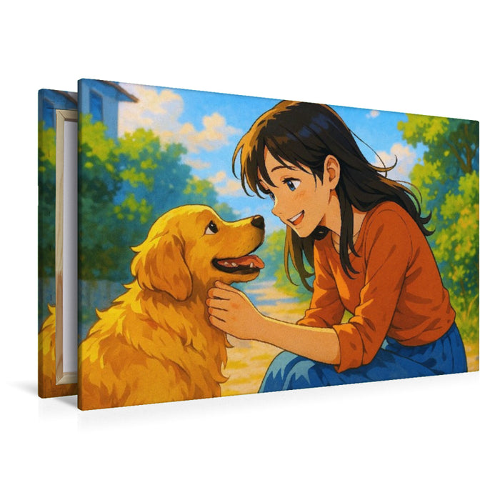 Premium Textil-Leinwand Liebe dein Haustier - Frau streichelt Hund