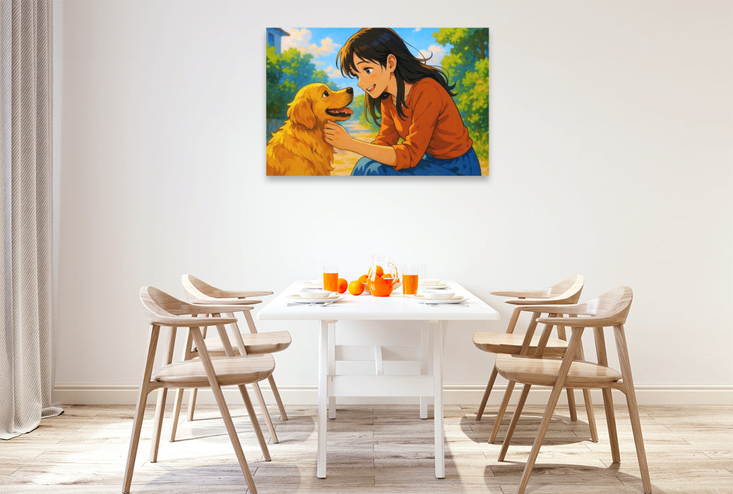 Premium Textil-Leinwand Liebe dein Haustier - Frau streichelt Hund