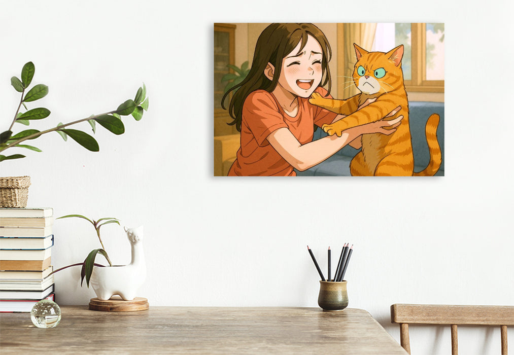 Premium Textil-Leinwand Frau umarmt Katze, die das nicht will
