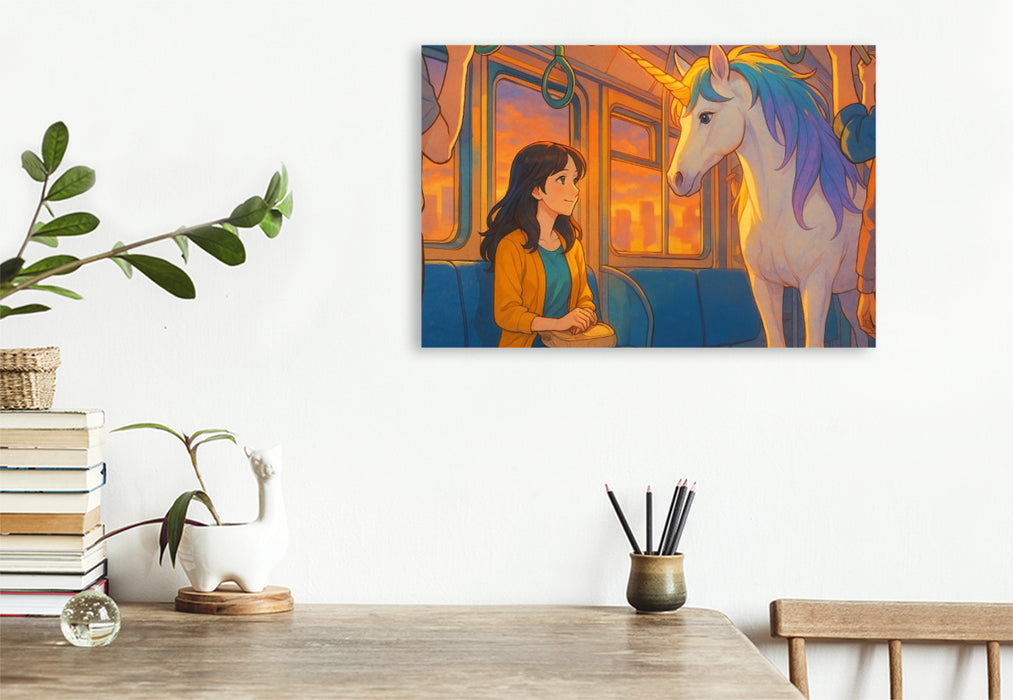 Premium Textil-Leinwand Frau begegnet im Zug einem Einhorn