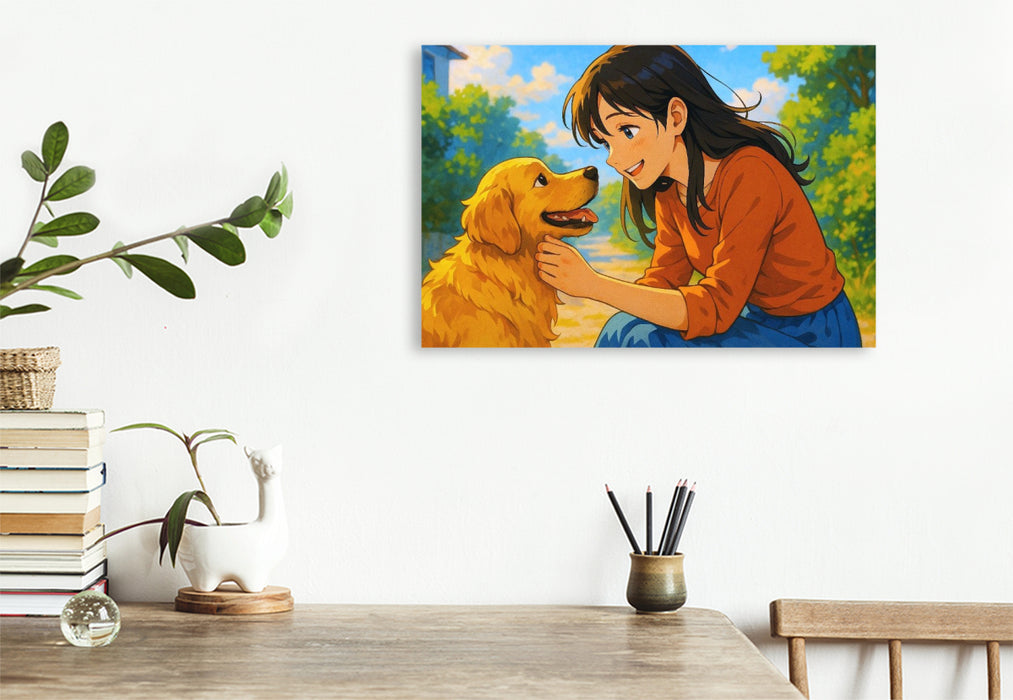 Premium Textil-Leinwand Liebe dein Haustier - Frau streichelt Hund