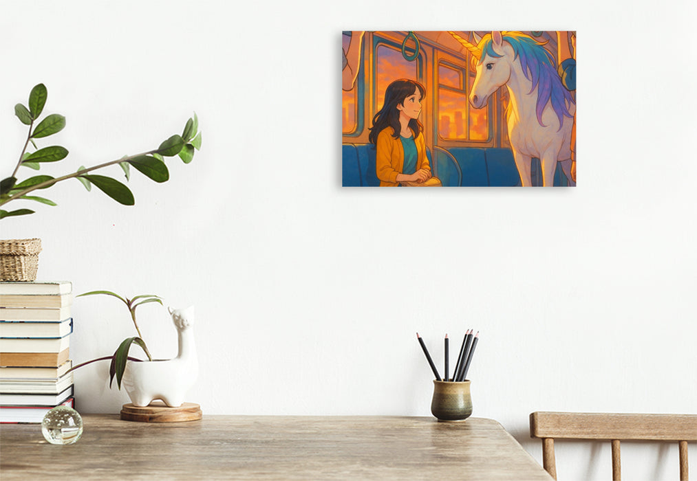 Premium Textil-Leinwand Frau begegnet im Zug einem Einhorn