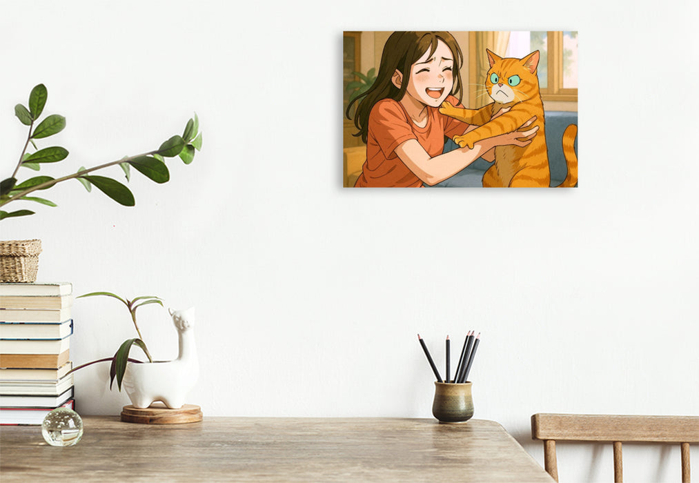 Premium Textil-Leinwand Frau umarmt Katze, die das nicht will
