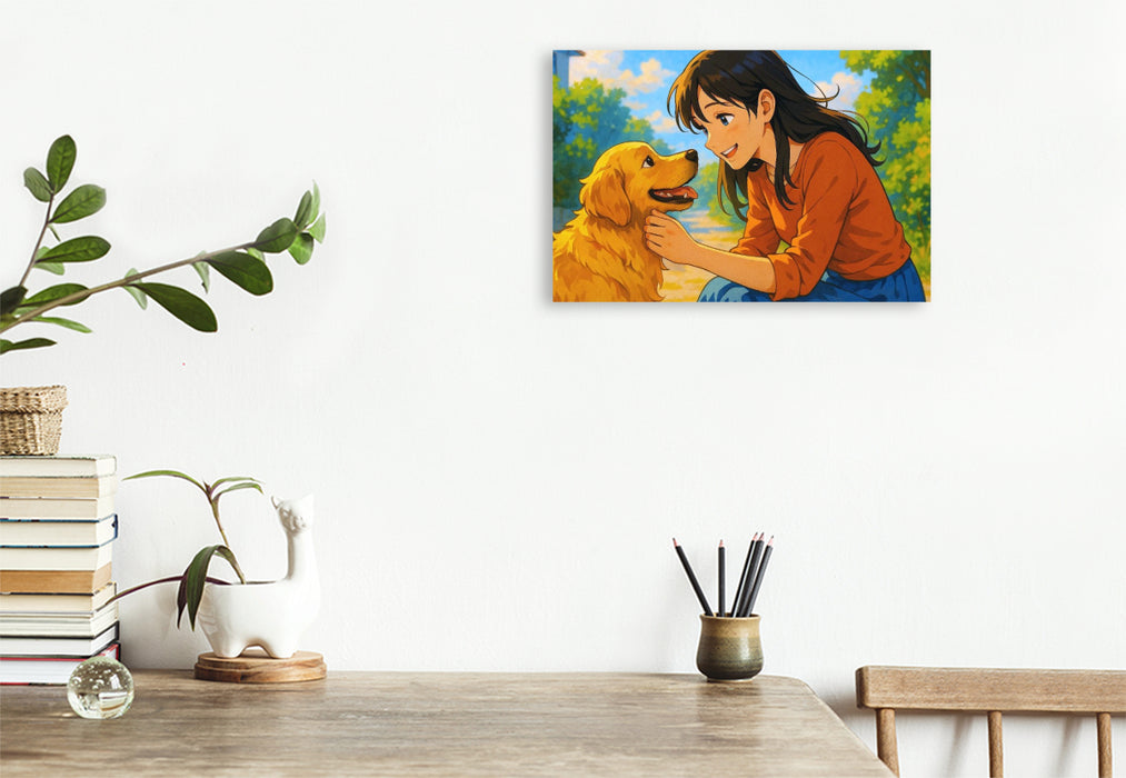 Premium Textil-Leinwand Liebe dein Haustier - Frau streichelt Hund