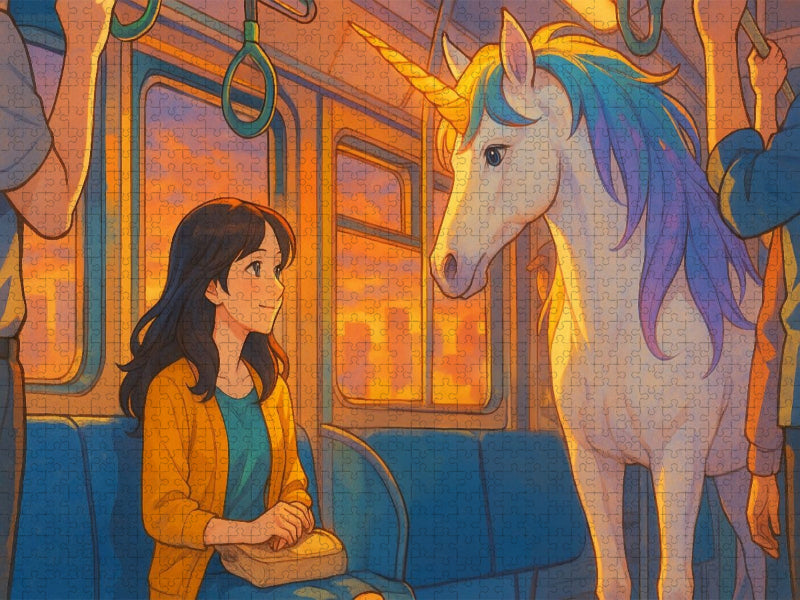 Frau begegnet im Zug einem Einhorn - CALVENDO Foto-Puzzle'