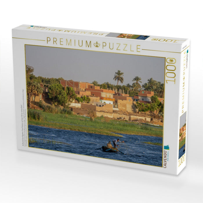 Authentisches Ägypten: Zwei Ruderer auf dem Nil vor einem Dorf - CALVENDO Foto-Puzzle'
