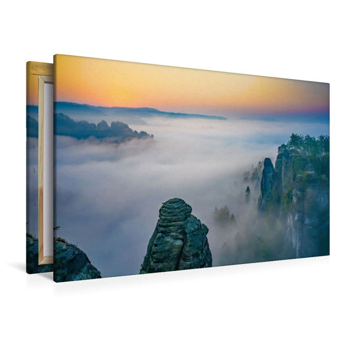 Premium Textil-Leinwand Nebel beim Sonnenaufgang im Elbsandsteingebirge