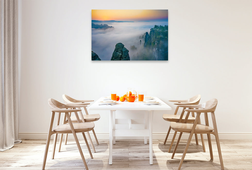 Premium Textil-Leinwand Nebel beim Sonnenaufgang im Elbsandsteingebirge