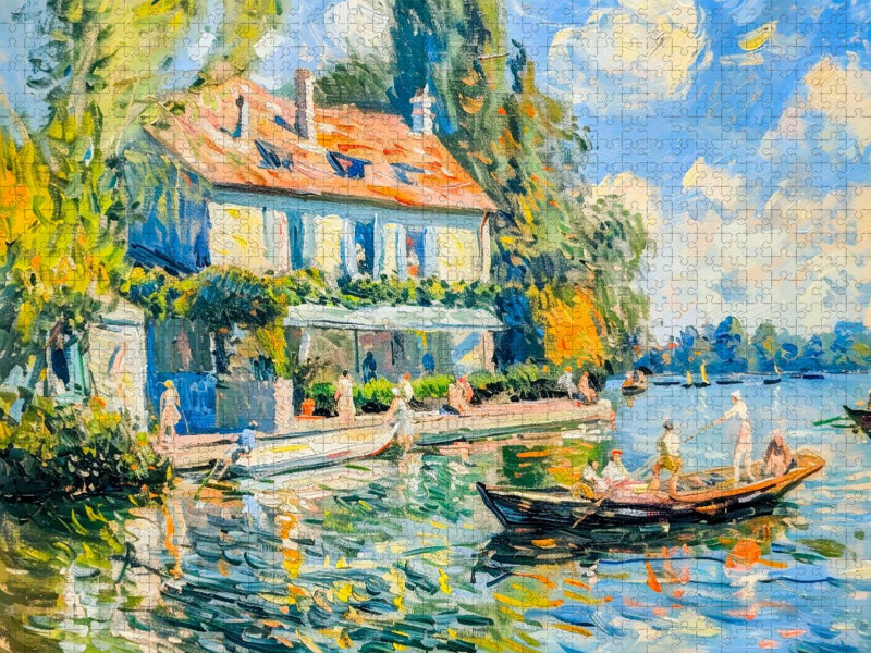 Impressionistische Villa mit Boot auf dem See - CALVENDO Foto-Puzzle'