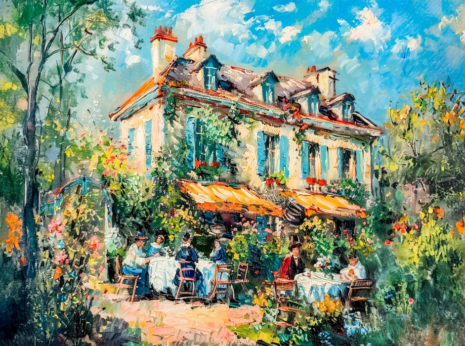 Impressionistische Villa mit Menschen im Garten an Tischen - CALVENDO Foto-Puzzle'