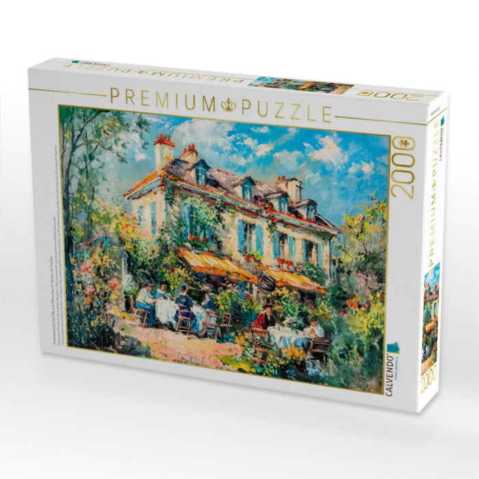 Impressionistische Villa mit Menschen im Garten an Tischen - CALVENDO Foto-Puzzle'