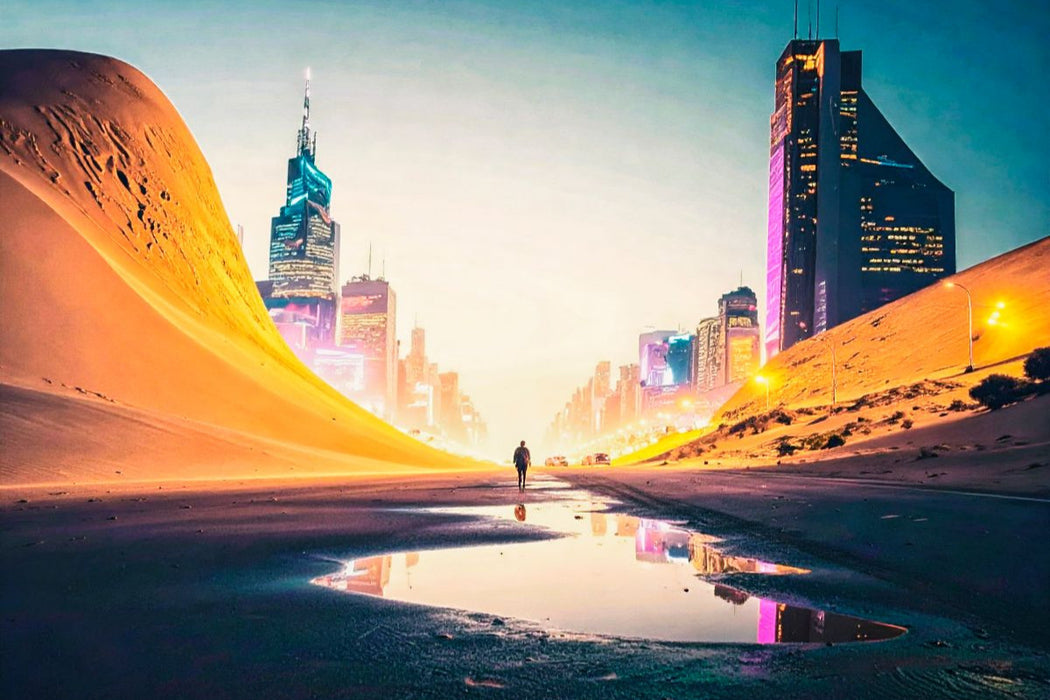 Premium Textil-Leinwand Sanddünen verschlingen schon die Vorstädte.