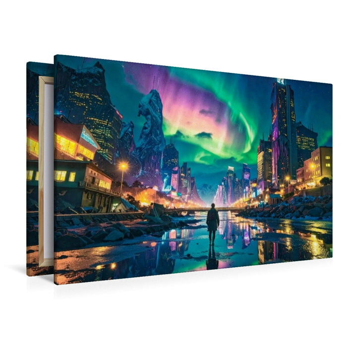 Premium Textil-Leinwand Polarlichter und Straßenbeleuchtung