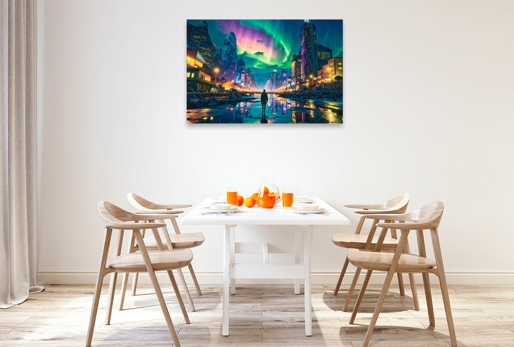 Premium Textil-Leinwand Polarlichter und Straßenbeleuchtung