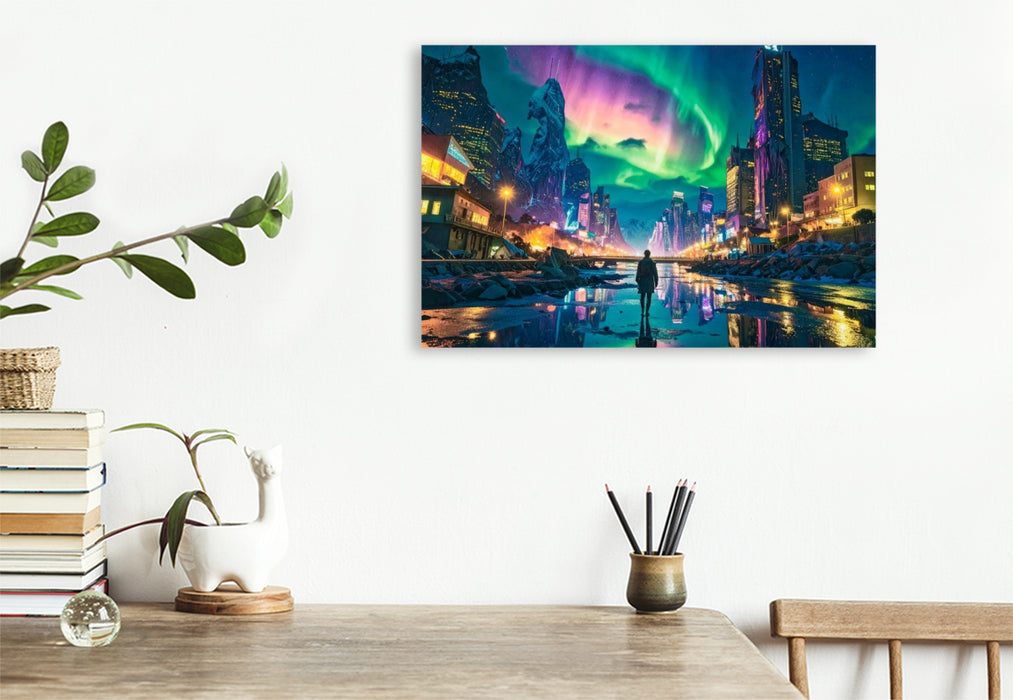 Premium Textil-Leinwand Polarlichter und Straßenbeleuchtung