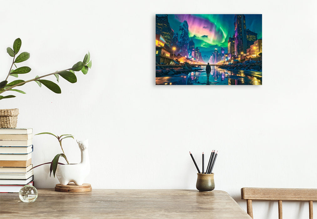 Premium Textil-Leinwand Polarlichter und Straßenbeleuchtung