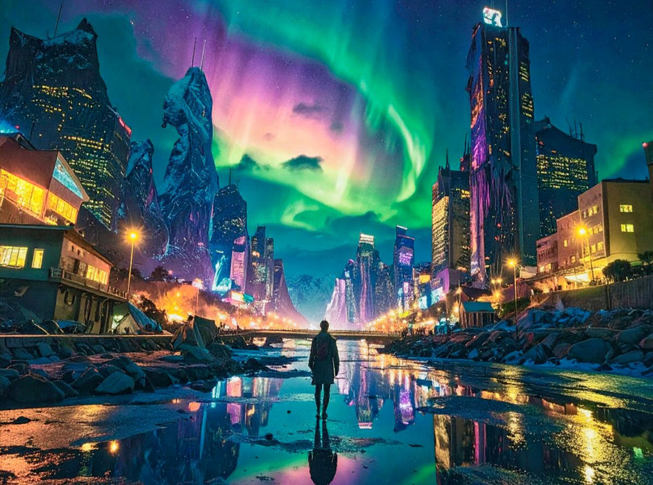 Polarlichter und Straßenbeleuchtung - CALVENDO Foto-Puzzle'
