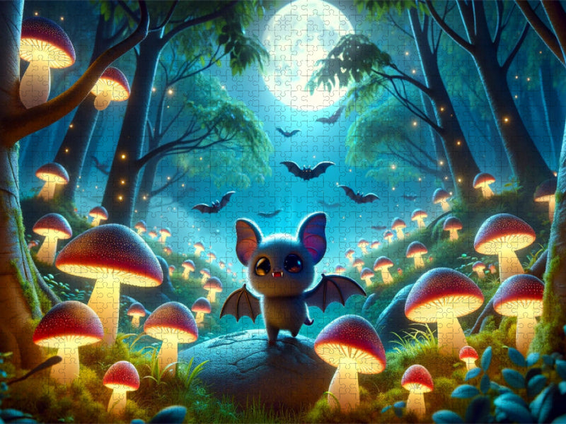 Kleine Vampirfledermäuse erkunden einen leuchtenden Pilzwald - CALVENDO Foto-Puzzle'