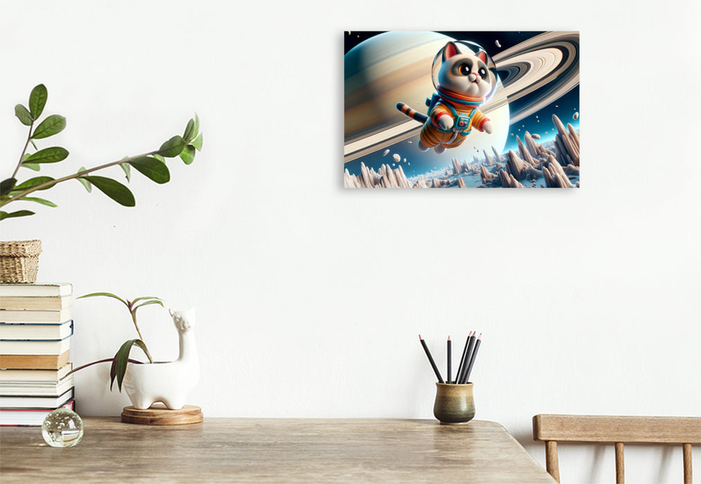 Cosmonaute chat en toile textile premium : dansez à travers les anneaux de Saturne 