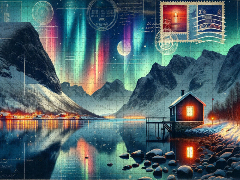Winterwunderland unter dem Nordlicht: Eine AI-geschaffene Idylle - CALVENDO Foto-Puzzle'