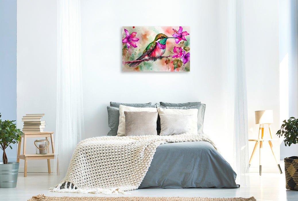 Premium Textil-Leinwand Kolibri zwischen Hibiskusblüten
