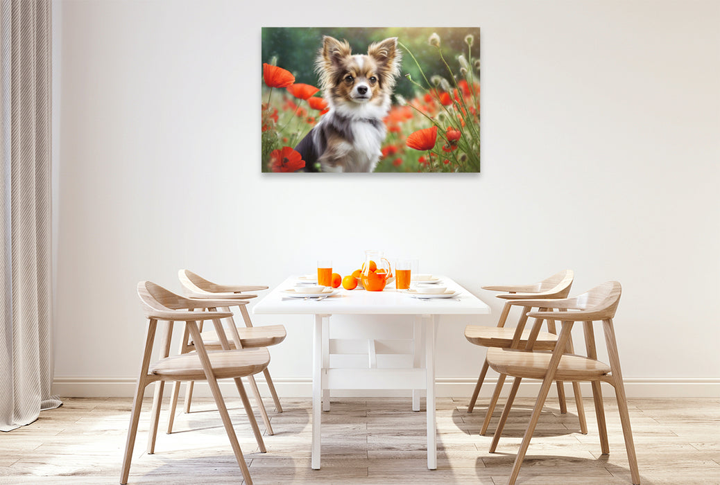 Premium Textil-Leinwand Ein braun-weißer Chihuahua sitzt in einem Mohnblumenfeld