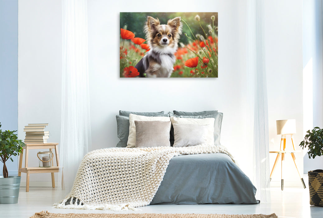 Premium Textil-Leinwand Ein braun-weißer Chihuahua sitzt in einem Mohnblumenfeld