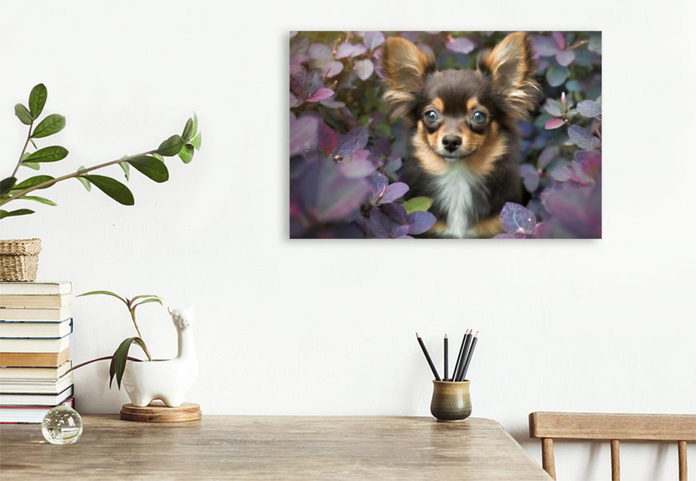 Premium Textil-Leinwand Ein kleiner dunkelbrauner Chihuahua schaut durch aubergine farbene Blätter