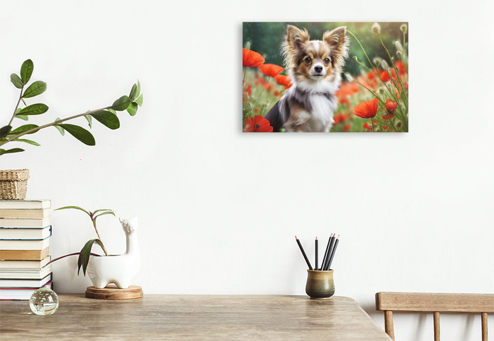 Premium Textil-Leinwand Ein braun-weißer Chihuahua sitzt in einem Mohnblumenfeld