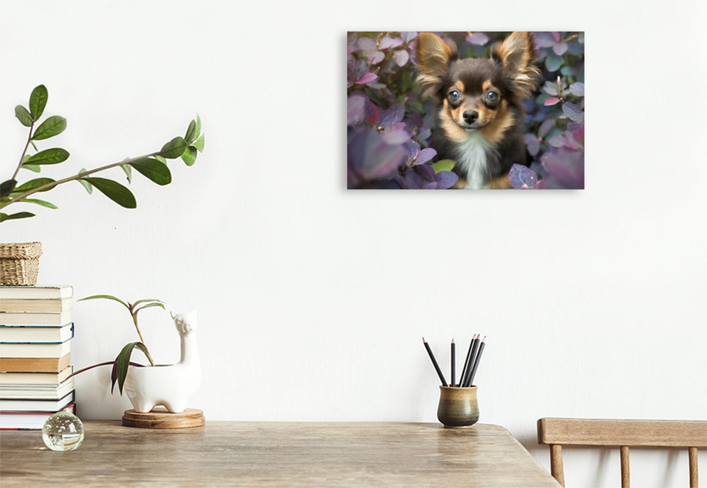 Premium Textil-Leinwand Ein kleiner dunkelbrauner Chihuahua schaut durch aubergine farbene Blätter