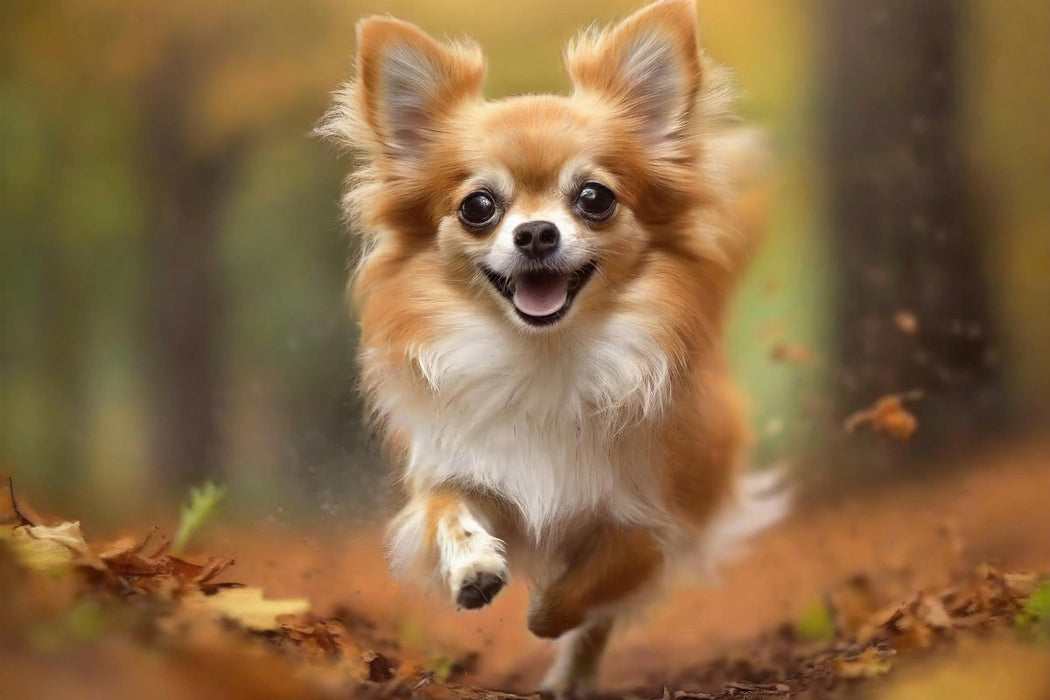 Premium Textil-Leinwand Kleiner rotbrauner Chihuahua mit weißer Brust rennt durch den Wald