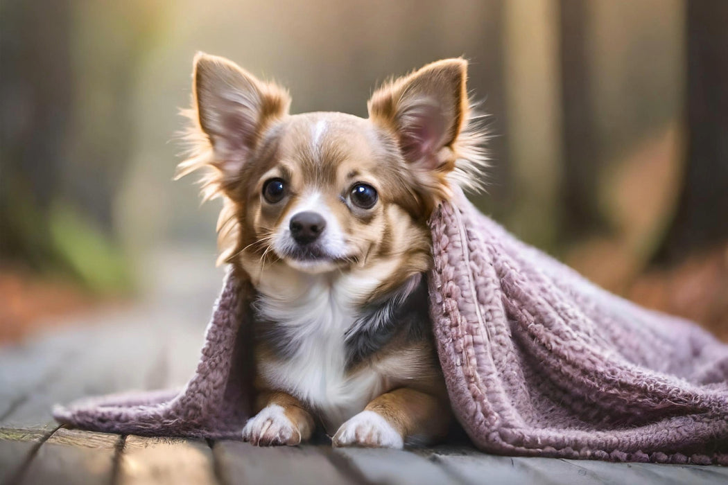 Premium Textil-Leinwand Ein hellbraun-weißer Chihuahua liegt auf einem Holzweg unter einer rosafarbenen Decke