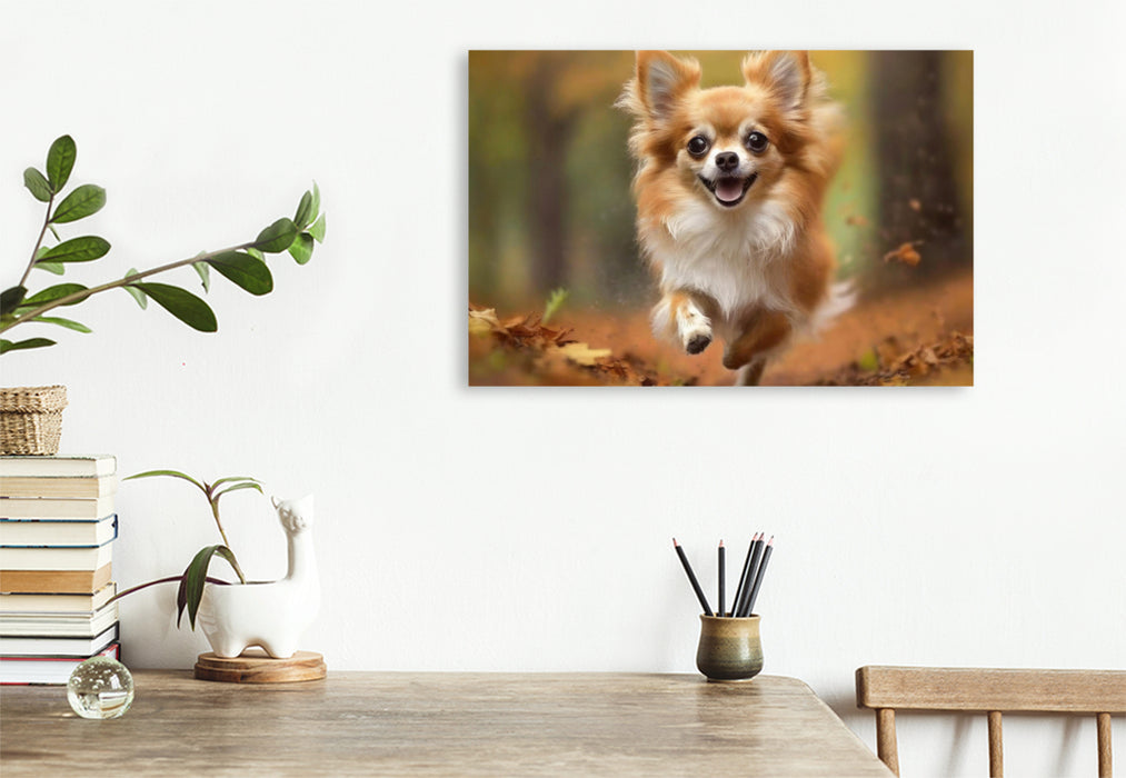 Premium Textil-Leinwand Kleiner rotbrauner Chihuahua mit weißer Brust rennt durch den Wald
