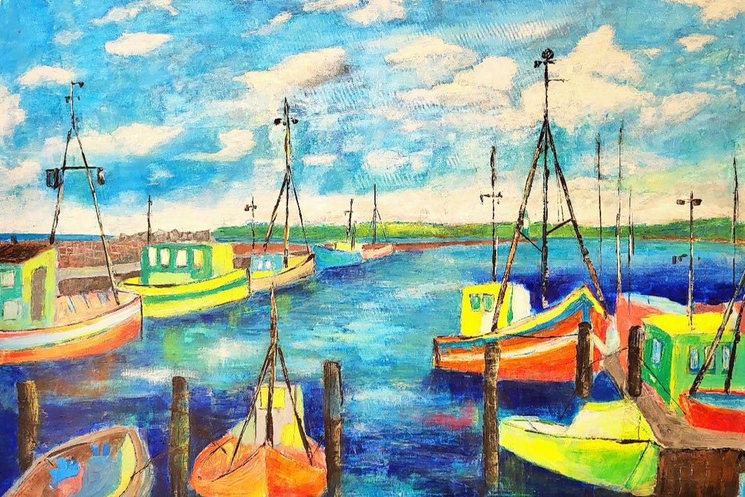 Premium Textil-Leinwand Buntes Gemälde vom alten Hafen von Sassnitz auf Rügen