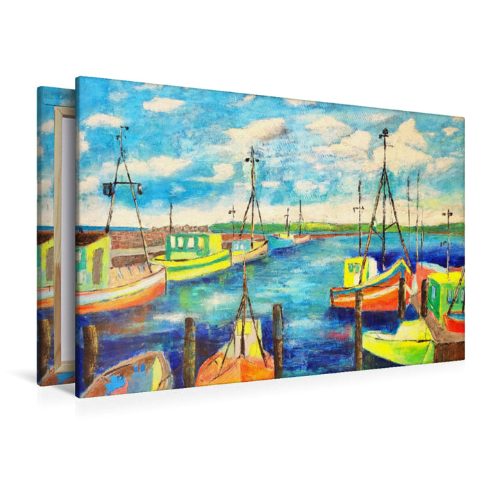 Premium Textil-Leinwand Buntes Gemälde vom alten Hafen von Sassnitz auf Rügen