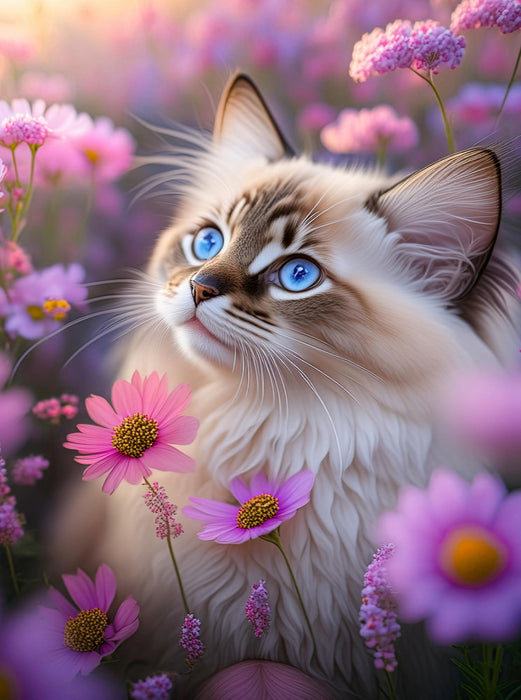 Ragdoll schaut zwischen vielen zarten rosa Blüten hindurch - CALVENDO Foto-Puzzle'