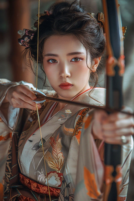 Premium Textil-Leinwand Asiatische Frau mit Pfeil und Bogen