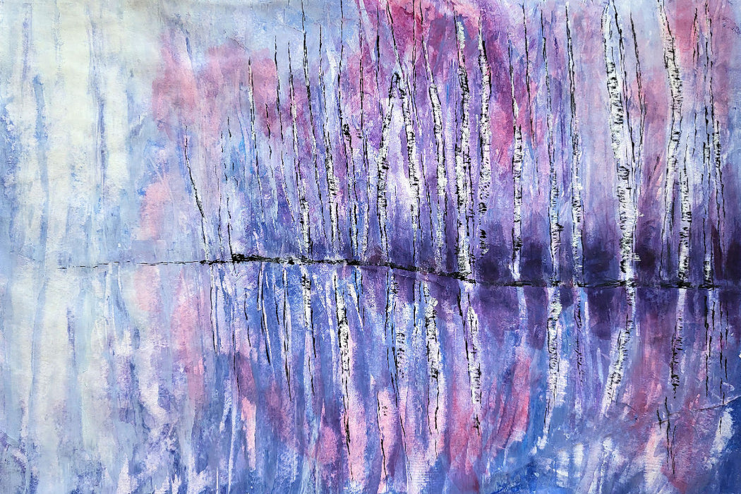 Premium Textil-Leinwand Birkenwald - violette Magie im Herbst