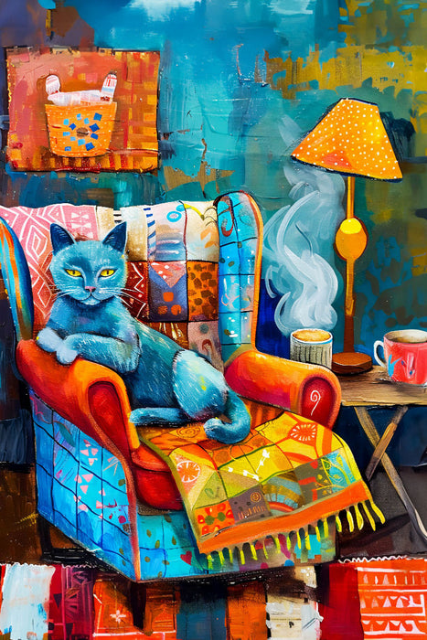 Premium Textil-Leinwand Gemütliche Katze auf dem Sessel. Modernes Katzen-Porträt
