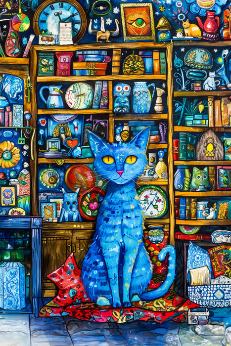 Premium Textil-Leinwand Katze sitzt auf Kissen in Bibliothek