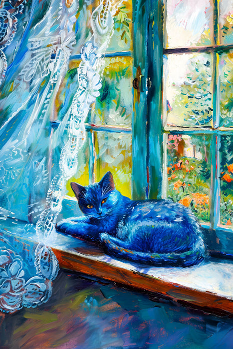 Premium Textil-Leinwand Katze schläft auf Fensterbank am Fenster