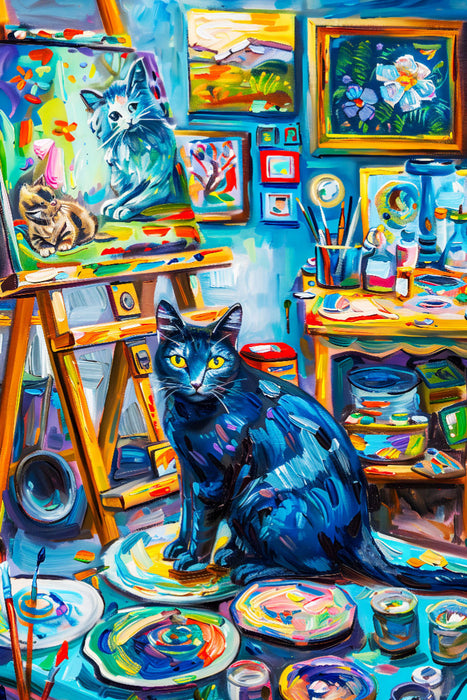 Premium Textil-Leinwand Modernes Porträt einer Katze in einem Atelier