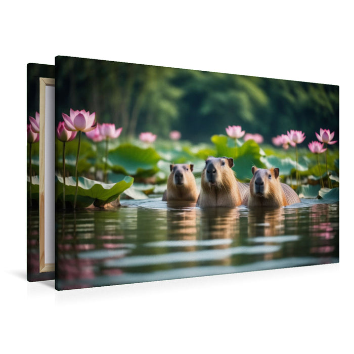 Premium Textil-Leinwand Capybaras - Wasserschweine in ihrem Element