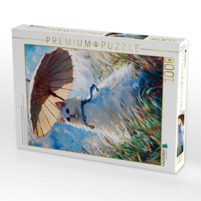 Katze auf Wiese mit Sonnenschirm im impressionistischen Stil - CALVENDO Foto-Puzzle'